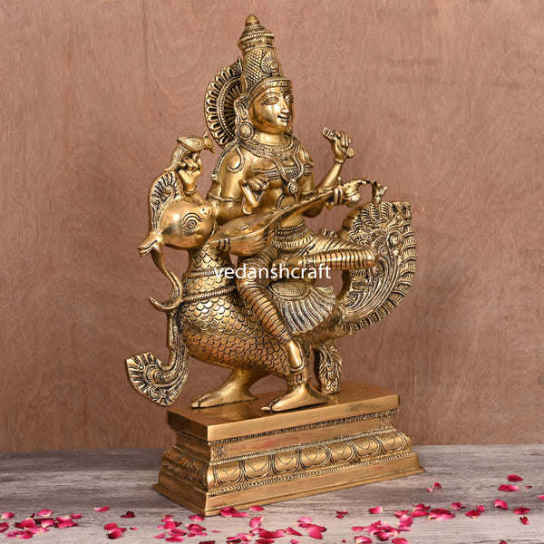 Brass Saraswati Sitting On Swan Figurine (20 Inch)