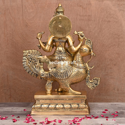 Brass Saraswati Sitting On Swan Figurine (20 Inch)