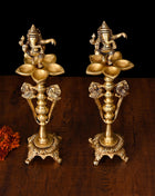 Brass Dancing Ganesha Five Petal Lamp Pair (12 Inch)