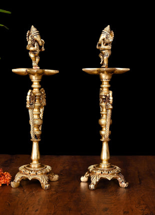 Brass Dancing Ganesha Five Petal Lamp Pair (12 Inch)