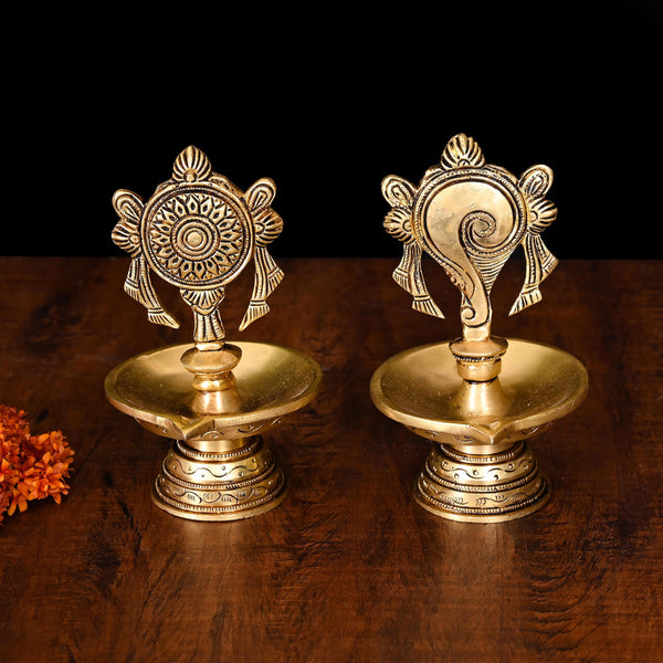 Brass Shankh And Chakra Diya Set (6 Inch)