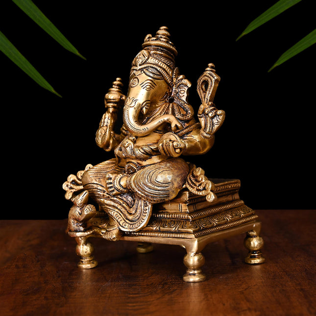 Brass Superfine Chowki Ganesha Idol (6.5 Inch)