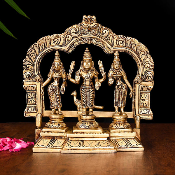Brass Lord Murugan With Devasena And Valli Idol Set (8.5 Inch)