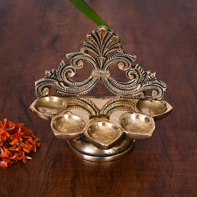 Brass Ethnic Handcarved Five Petal Diya (4 Inch)
