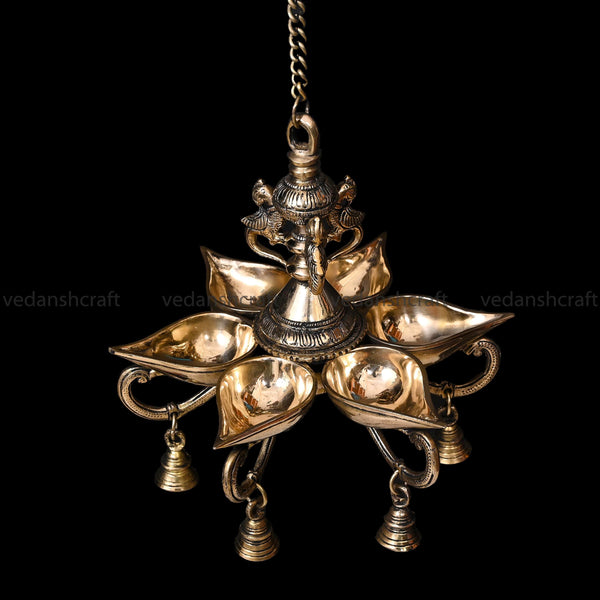 Brass Six Petal Wall Hanging Diya With Bells (29.5 Inch)