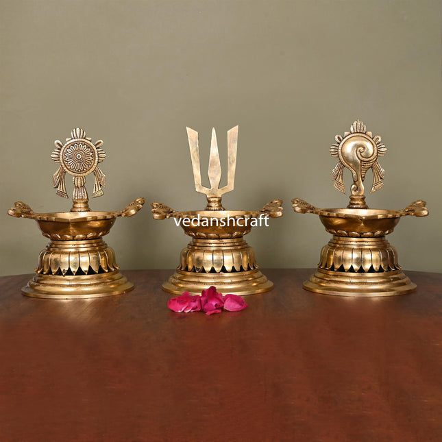 Brass Superfine Shankh Chakra And Namah Diya Set (9.5 Inch)