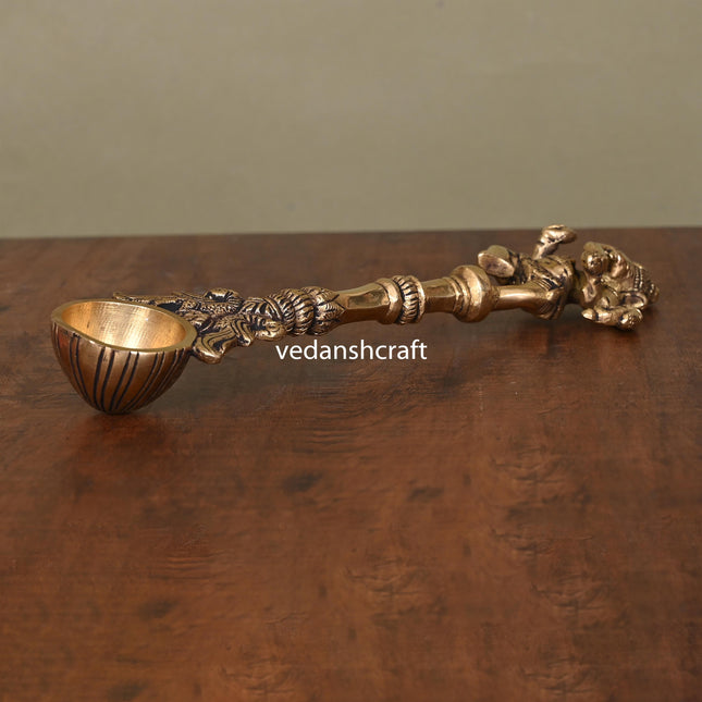 Brass Dancing Ganesha Peacock Ahuti Spoon (10 Inch)