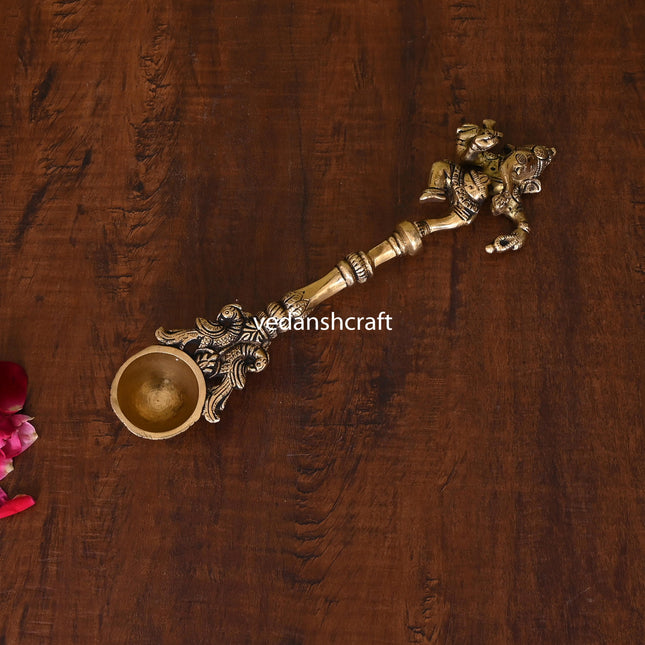 Brass Dancing Ganesha Peacock Ahuti Spoon (10 Inch)