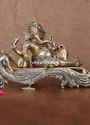 Brass Ganesha Resting On Peacock Couch (7.7 Inch)