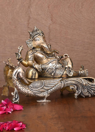 Brass Ganesha Resting On Peacock Couch (7.7 Inch)