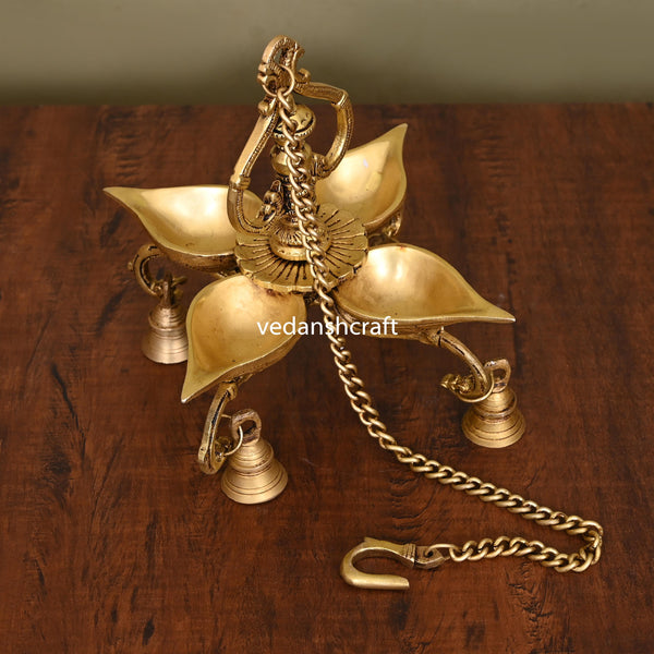 Brass Four Petal Wall Hanging Diya With Bells (20 Inch)