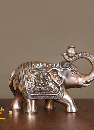 Brass Royal Elephant With Ganesha And Lakshmi Carving (6.5 Inch)