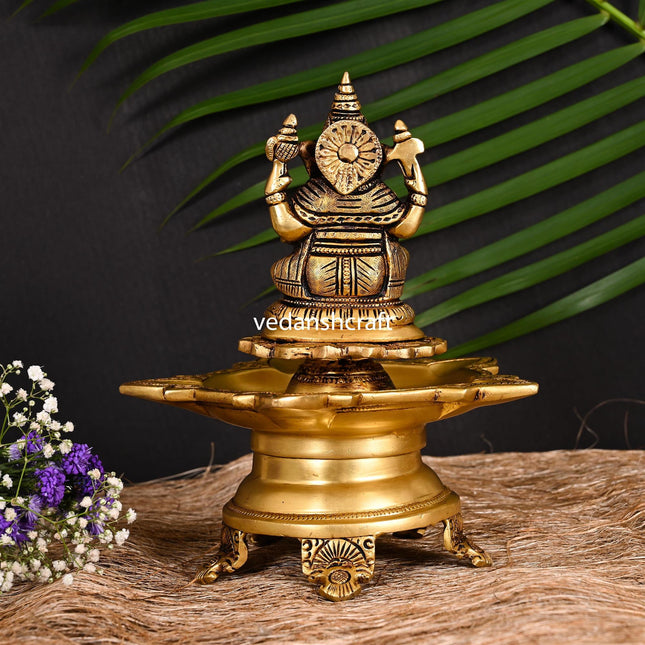 Brass Ganesha Five Petal Diya (9 Inch)