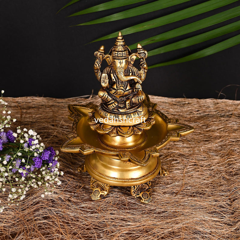 Brass Ganesha Five Petal Diya (9 Inch)