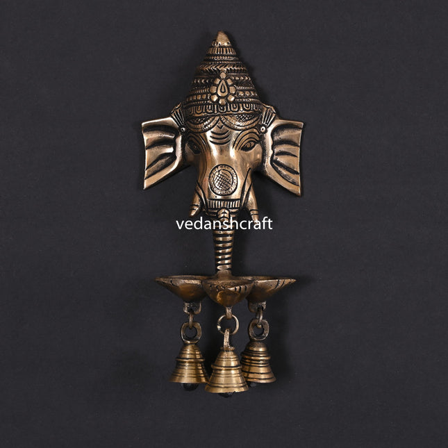 Brass Ganesha With Diya & Bell Wall Hanging (9 Inch)