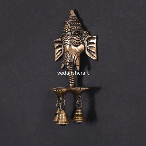 Brass Ganesha With Diya & Bell Wall Hanging (9 Inch)