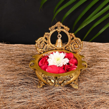 Brass Hand-Carved Urli With Bell (7 Inch)