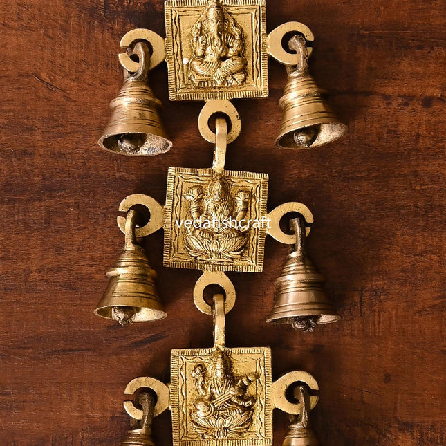 Brass Ganesha, Lakshmi And Saraswati Hanging Bell (12.5 Inch)