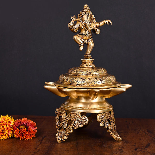 Brass Superfine Dancing Ganesha 9 Petal Lamp (12 Inch)