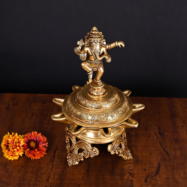 Brass Superfine Dancing Ganesha 9 Petal Lamp (12 Inch)