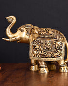 Brass Superfine Elephant With Ganesha And Animals Carving (7.5 Inch)