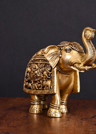 Brass Superfine Elephant With Ganesha And Animals Carving (7.5 Inch)