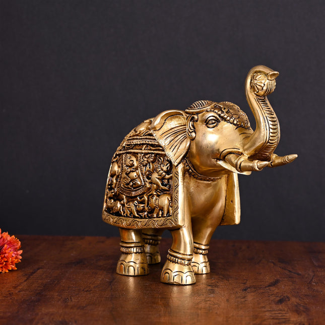 Brass Superfine Elephant With Ganesha And Animals Carving (7.5 Inch)