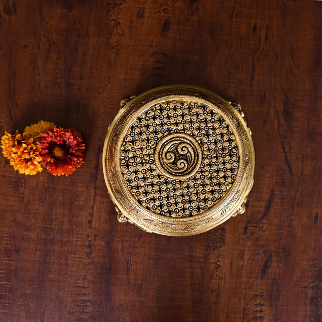 Brass Handcarved Traditional Pooja Chowki (3 Inch)