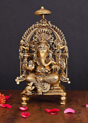 Brass Superfine Ganesha On Singhasan Idol (9.2 Inch)