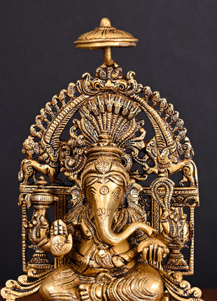 Brass Superfine Ganesha On Singhasan Idol (9.2 Inch)