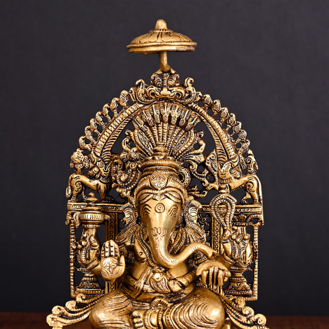 Brass Superfine Ganesha On Singhasan Idol (9.2 Inch)