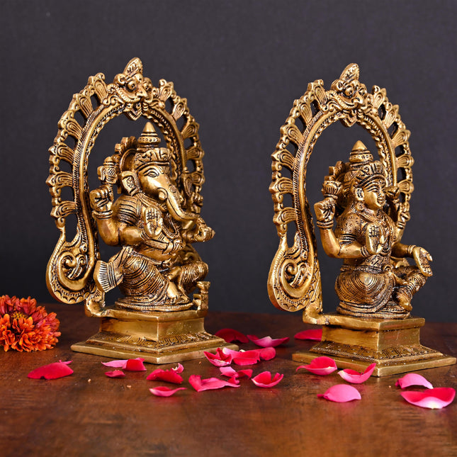 Brass Superfine Ganesha And Lakshmi On Throne Idol (8 Inch)