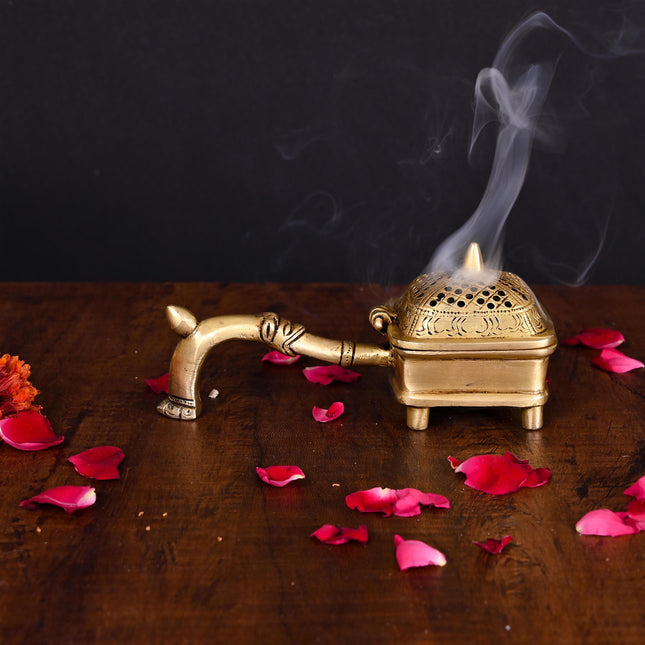 Brass Dhoop Dani & Incense Holder With Handle (3 Inch)