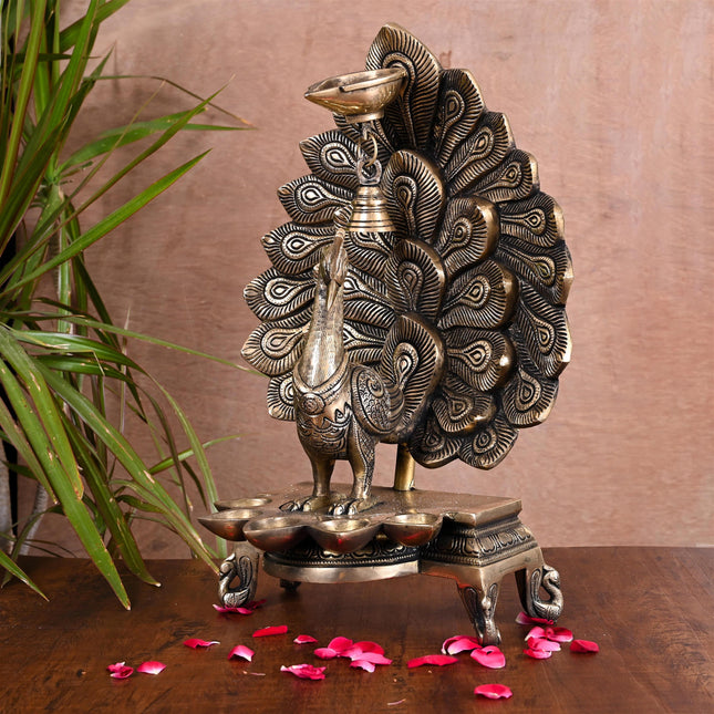 Brass Majestic Peacock Diya/Lamp With Bell (14.5 Inch)