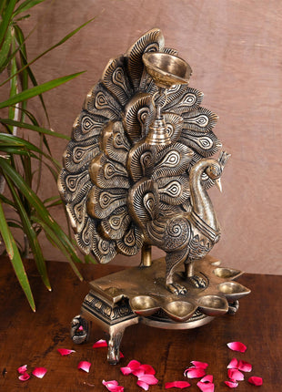 Brass Majestic Peacock Diya/Lamp With Bell (14.5 Inch)