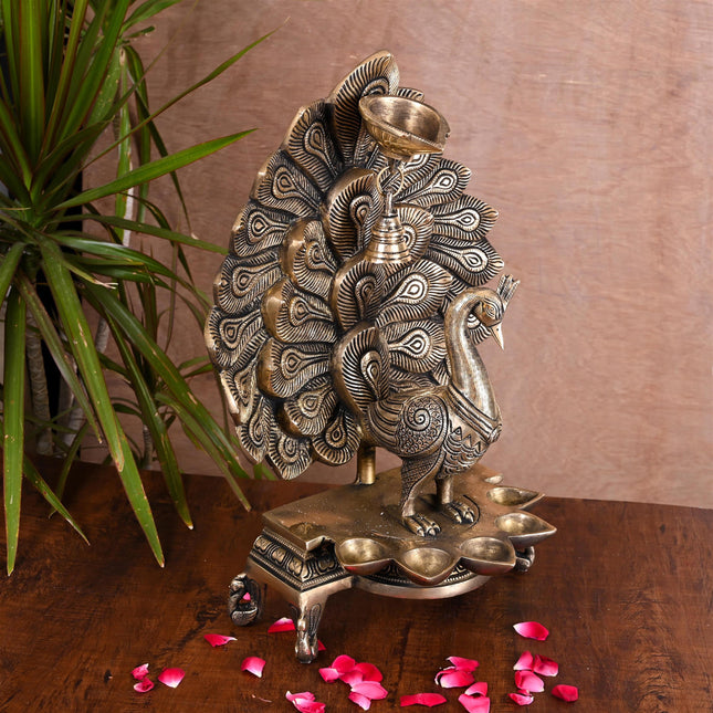Brass Majestic Peacock Diya/Lamp With Bell (14.5 Inch)