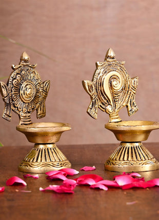 Brass Shankh Chakra Diya Set (4.3 Inch)