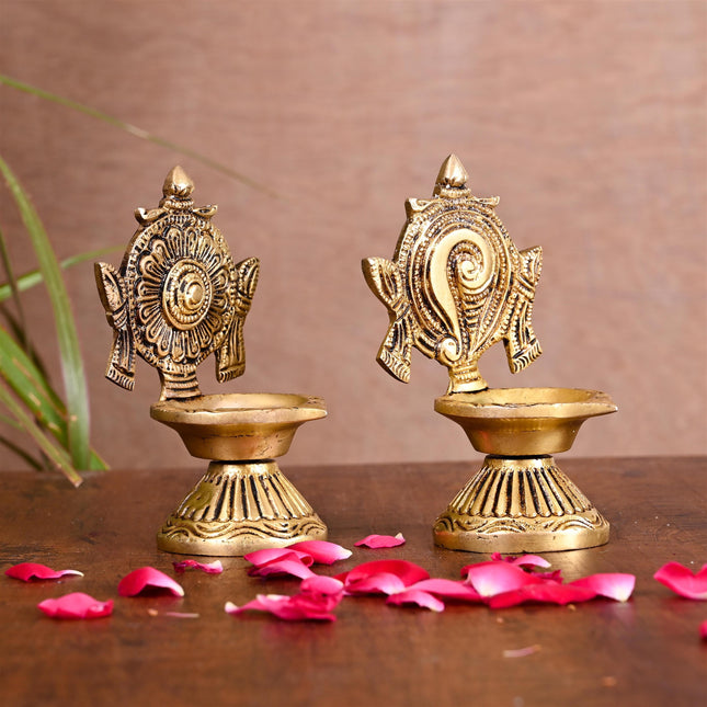 Brass Shankh Chakra Diya Set (4.3 Inch)