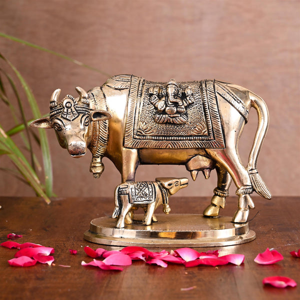 Brass Kamdhenu Cow With Calf Idol (4.5 Inch)