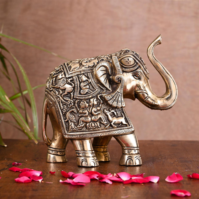 Brass Royal Elephant With Ganesha And Wildlife Carving (6 Inch)