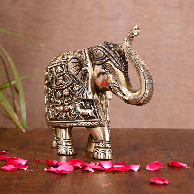 Brass Royal Elephant With Ganesha And Wildlife Carving (6 Inch)