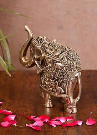 Brass Royal Elephant With Ganesha And Wildlife Carving (6 Inch)