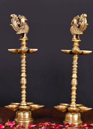 Brass Peacock Ten Petal Diya/Lamp Pair (13 Inch)