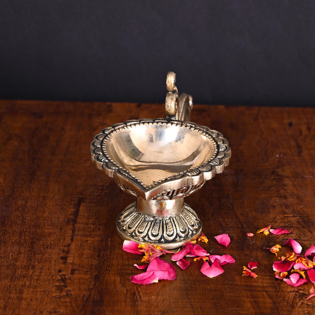 Brass Ethnic Hand carved Diya With Handle (4 Inch)