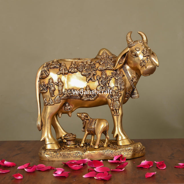 Brass Superfine Cow With Calf Idol (11 Inch)