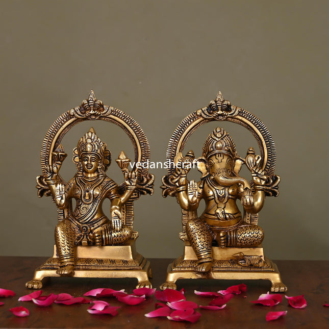 Brass Superfine Ganesh And Lakshmi On Throne Idol (8.8)
