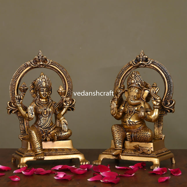 Brass Superfine Ganesh And Lakshmi On Throne Idol (8.8)