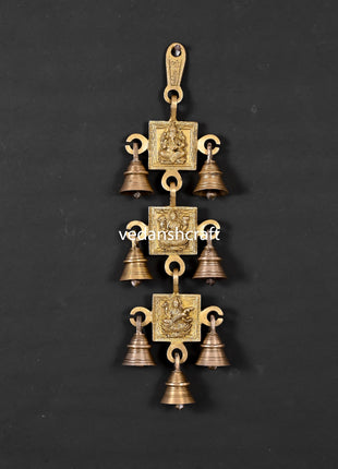 Brass Ganesha, Lakshmi And Saraswati Hanging Bell (12.5 Inch)