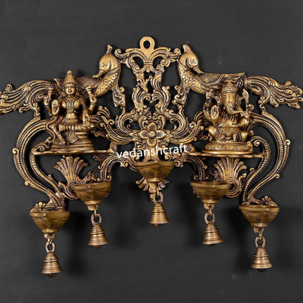 Brass Lakshmi Ganesha Wall Hanging With 5 Diya And Bells (18.5 Inch)
