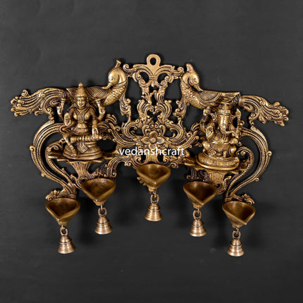 Brass Lakshmi Ganesha Wall Hanging With 5 Diya And Bells (18.5 Inch)